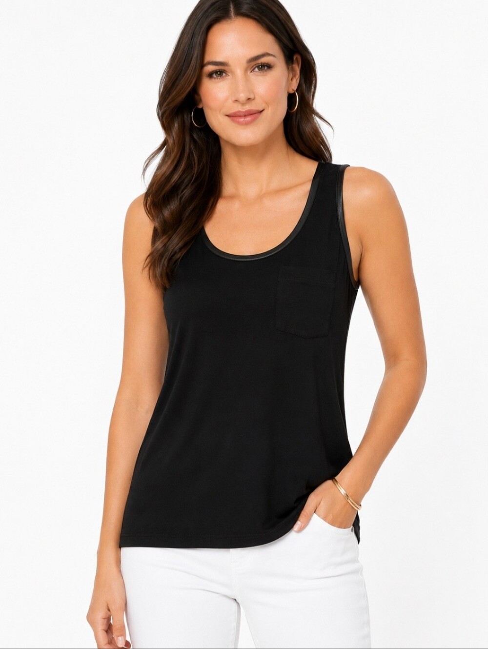 White House Black Market XXS Black Pocket Tank Top Faux Leather Trim NWT